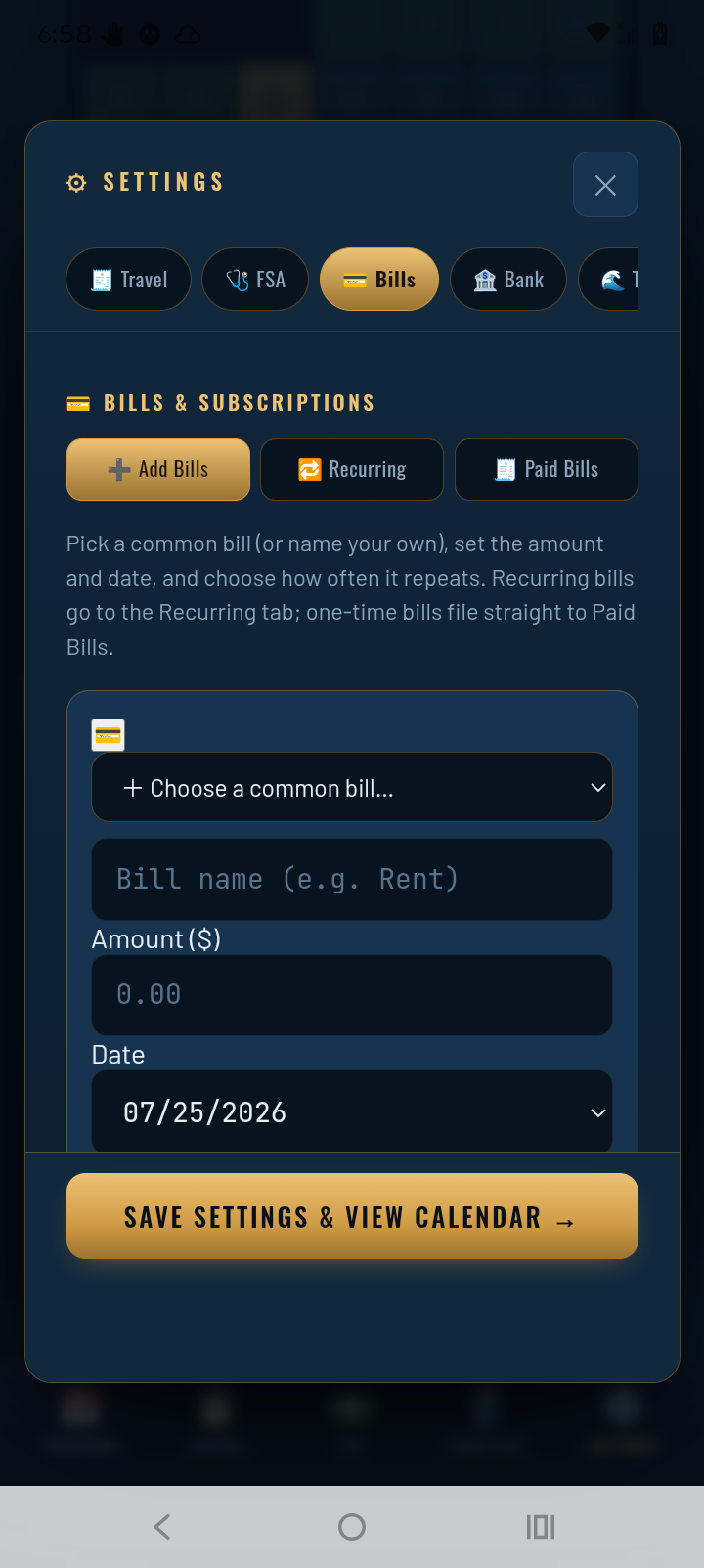 TowCal Bills & Subscriptions tab: pick a common bill or name your own, set the amount and date, and choose how often it repeats