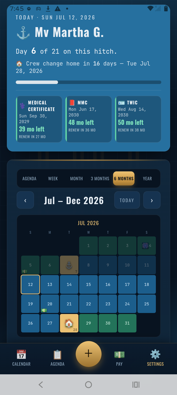 TowCal home screen showing hitch progress and credential countdown tiles for Medical Certificate, MMC, and TWIC above the calendar