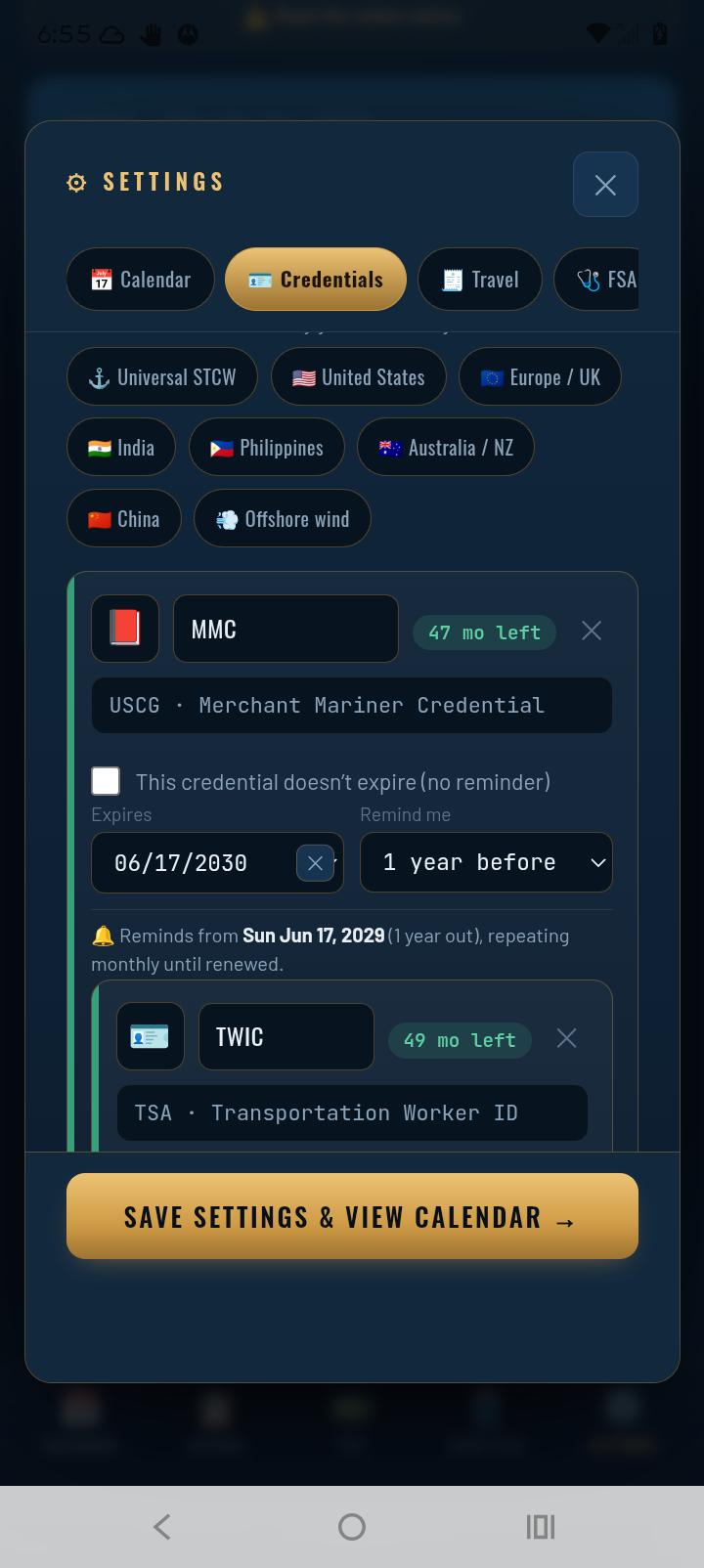 TowCal Credentials tab with country presets (Universal STCW, United States, Europe/UK and more) and an MMC card showing expiration date and a reminder set for 1 year before