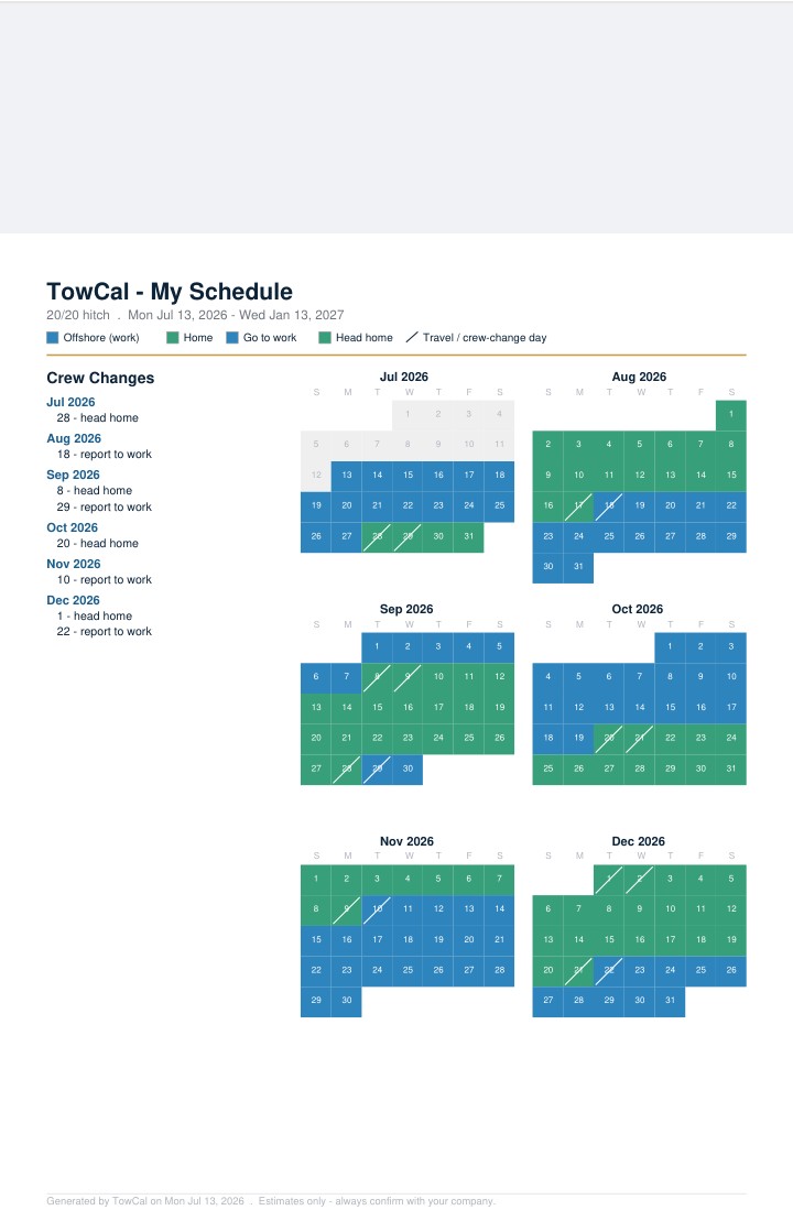 The exported TowCal schedule PDF: six months of color-coded on/off calendars with a crew-changes list down the side