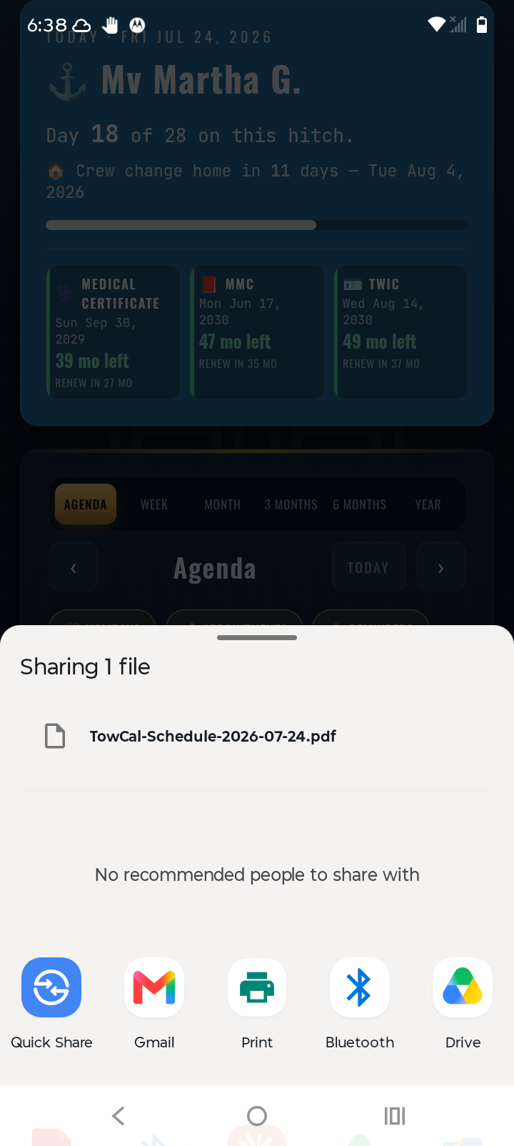 Android share sheet in TowCal offering to share the exported schedule PDF via Quick Share, Gmail, Print, Bluetooth, or Drive
