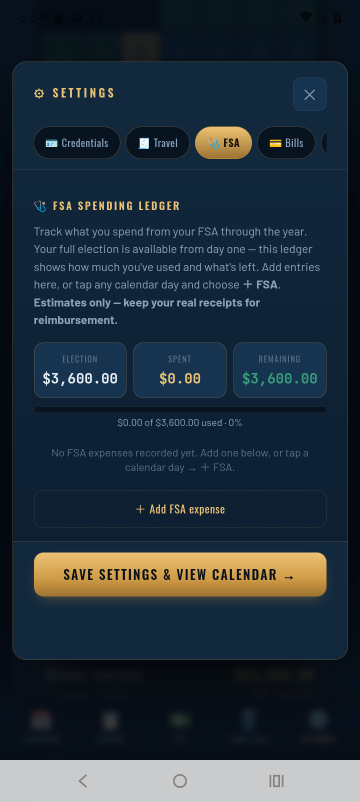 TowCal FSA spending ledger showing election, spent, and remaining amounts with an Add FSA expense button