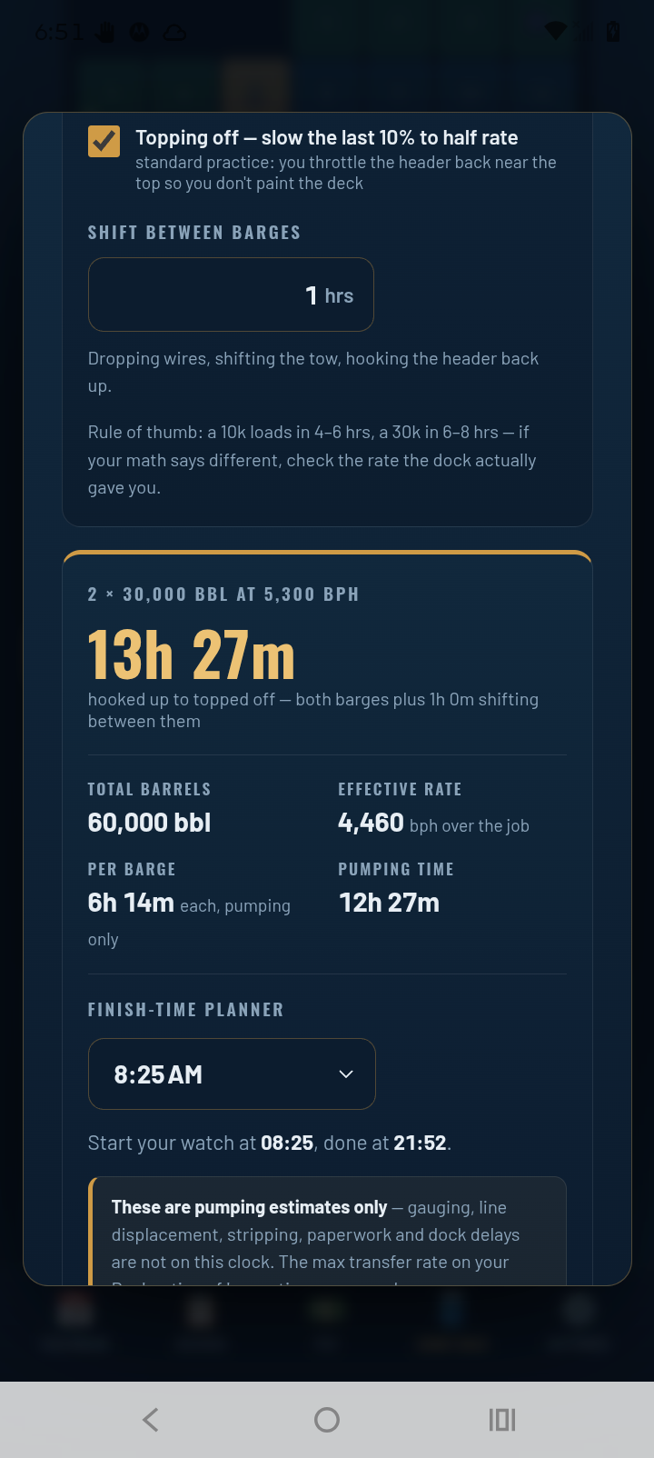 TowCal Load Calculator results: 2 by 30,000 barrels at 5,300 bph takes 13 hours 27 minutes, with total barrels, effective rate, per-barge pumping time, and a finish-time planner