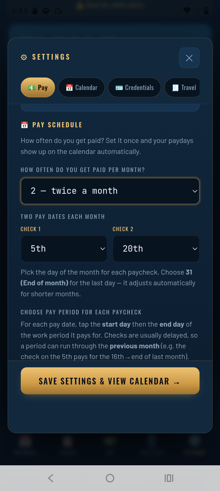 TowCal Pay Schedule settings: paid twice a month, check 1 on the 5th and check 2 on the 20th