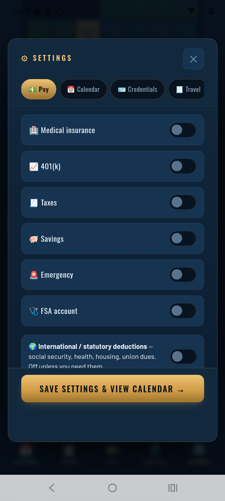 TowCal deduction toggles: medical insurance, 401(k), taxes, savings, emergency, FSA account, and international statutory deductions