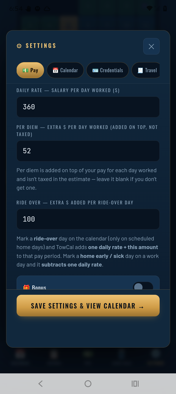 Top of the TowCal Pay tab: daily rate 360, per diem 52 added on top and not taxed, and ride-over extra 100 per ride-over day