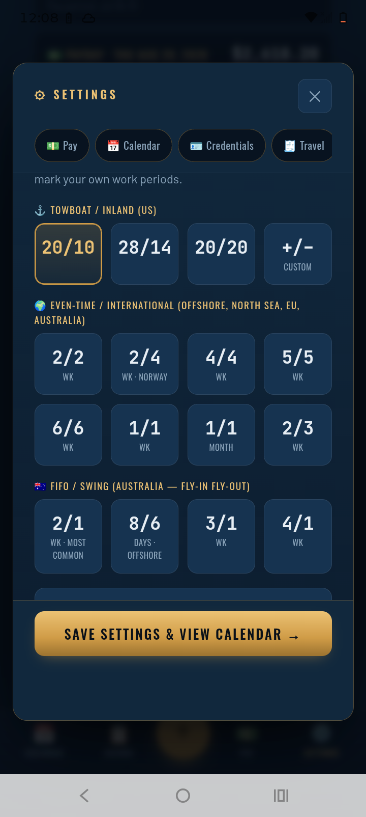TowCal Settings Schedule tab showing rotation presets grouped by Towboat/Inland US, Even-time/International, and FIFO/Swing Australia, with 20/10 selected