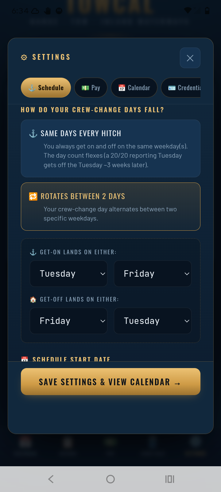 TowCal Settings Schedule tab showing the Rotates Between 2 Days option selected, with get-on days Tuesday and Friday and get-off days Friday and Tuesday